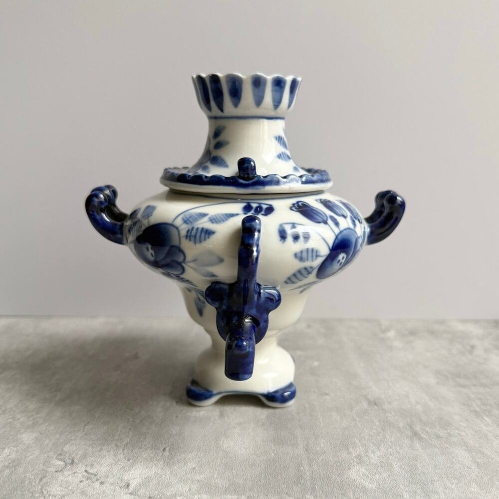 Vintage Russian Gzhel Samovar Porcelain Tea Urn Jar Blue White Handmade USSR
